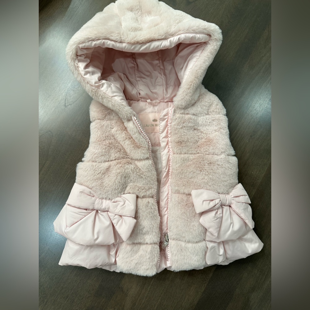 Girls' Light Pink Hooded Faux Fur Vest with Bows